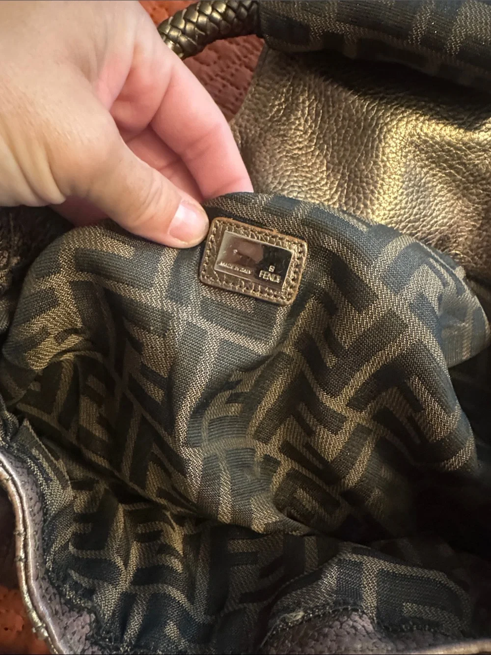 Fendi Spy Metallic Bronze Authentic Women's Woven-Handle Shoulder Bag
